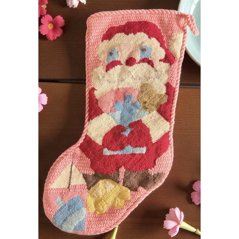 Vintage Needlepoint Stocking Xmas Santa w/Toys Red pink Velvet Back Wool 16”